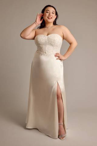 Picture of Lace Appliqued Strapless Charmeuse Wedding Dress