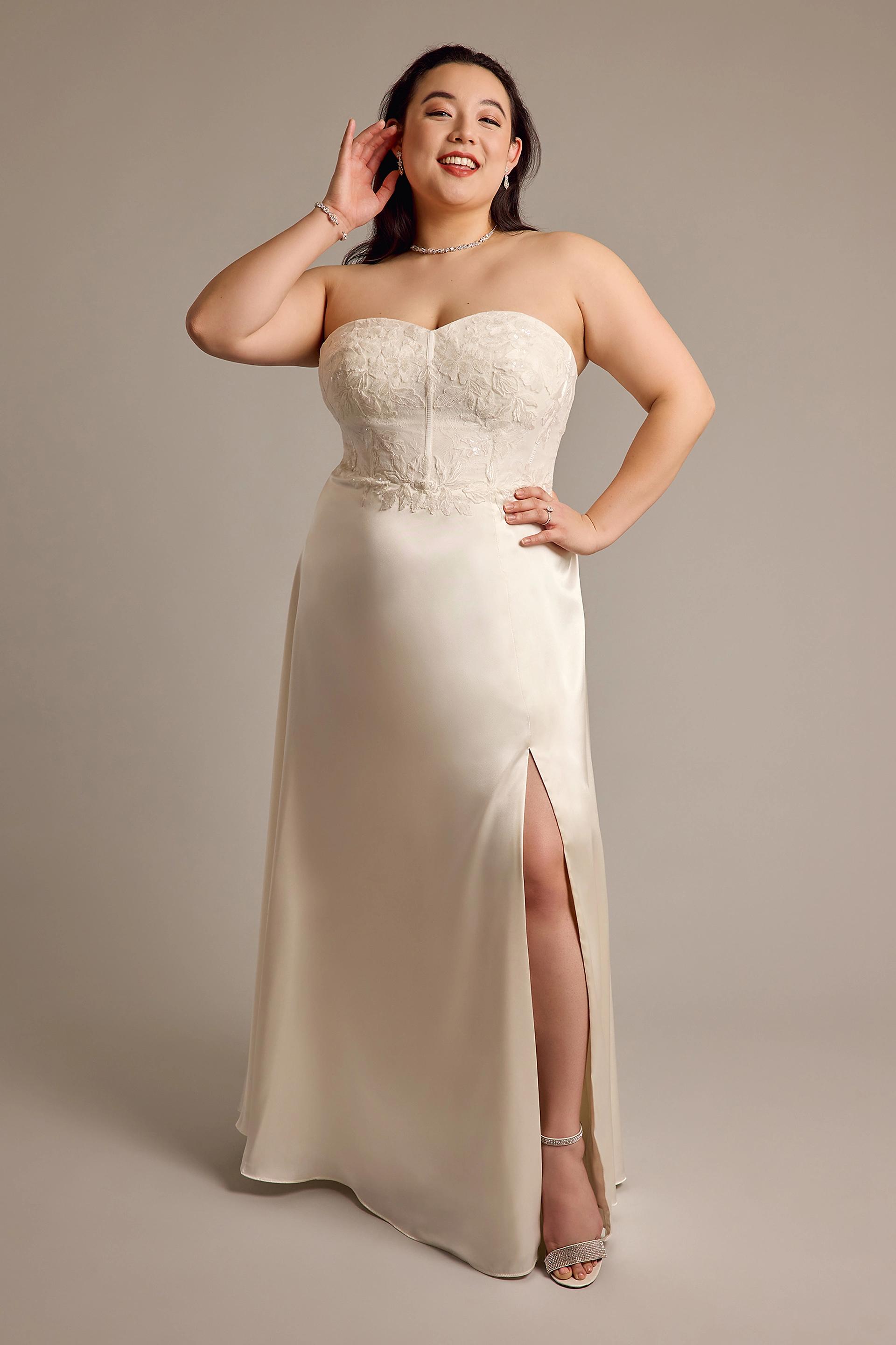 Picture of Lace Appliqued Strapless Charmeuse Wedding Dress