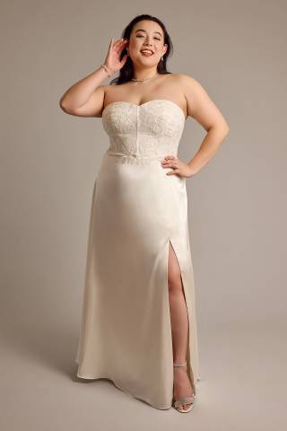 Picture of Lace Appliqued Strapless Charmeuse Wedding Dress