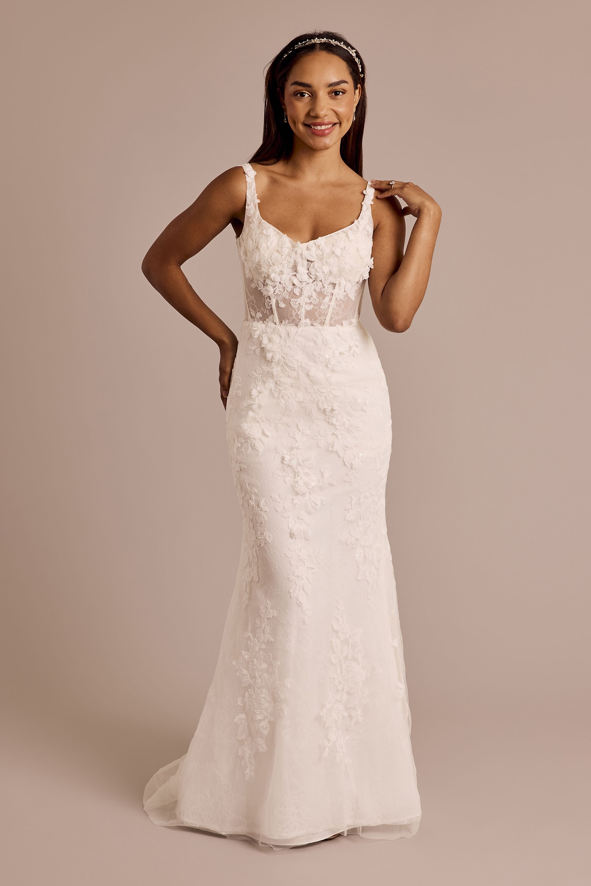 Melissa Sweet 3D Floral Illusion Corset Bodice Wedding Dress in Soft White Size: 4 David's Bridal