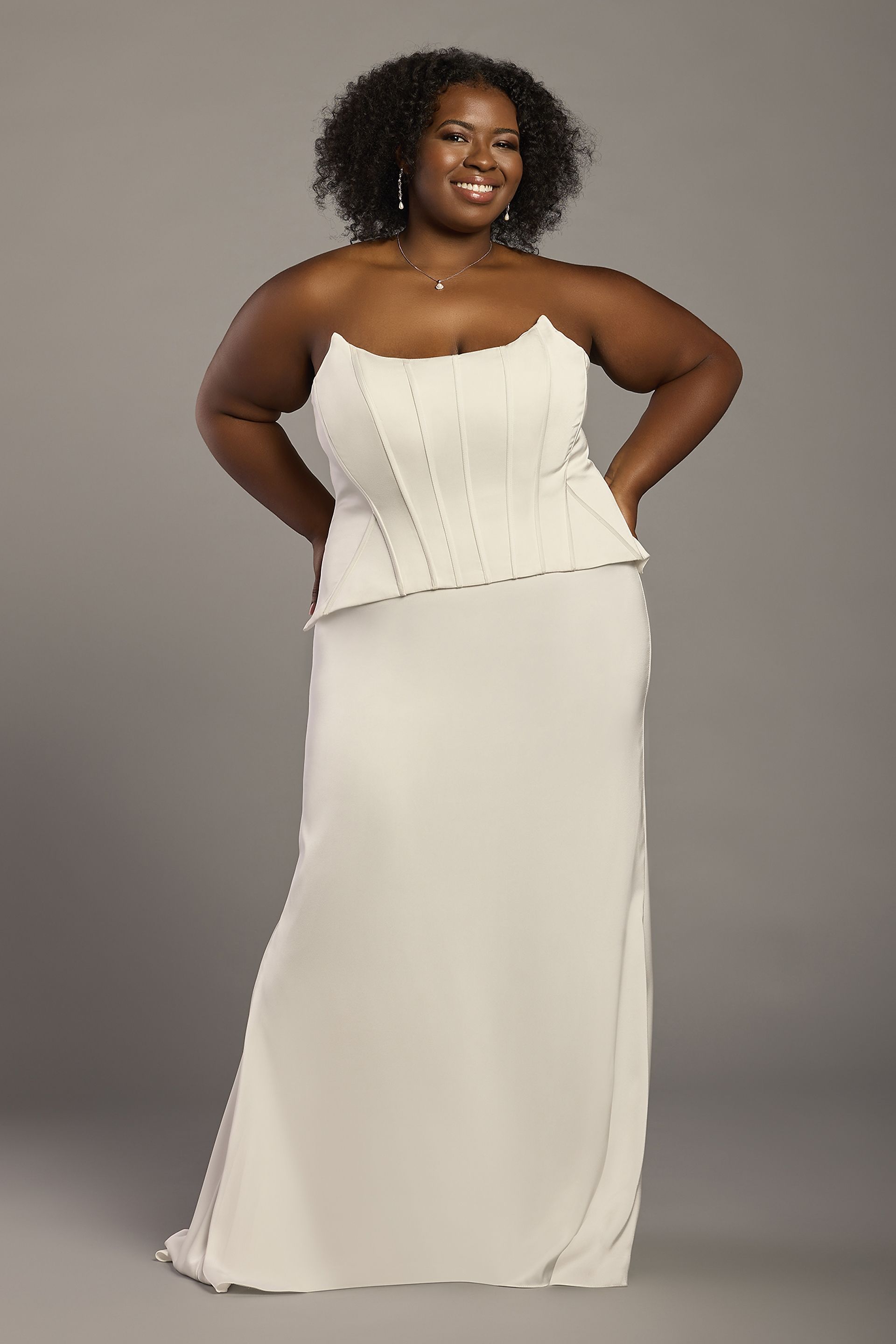 DB Studio Matte Satin Peplum Bodice Faux Two-Piece Dress in Soft White Size: 22W David's Bridal