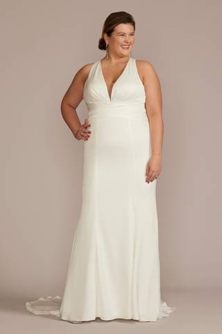 View DB Studio Crepe Back Satin Sheath Wedding Dress in all available color and sizes Picture of Crepe Back Satin Sheath Wedding Dress