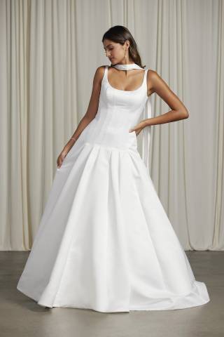 View DB Studio Satin Drop Waist Tank A-Line Wedding Dress in all available color and sizes Picture of Satin Drop Waist Tank A-Line Wedding Dress