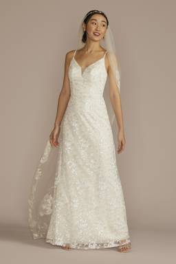 david's bridal sequin wedding dress David's Bridal Sequin Ivory Lace Fit and Flare Wedding Dress Gown V Neck