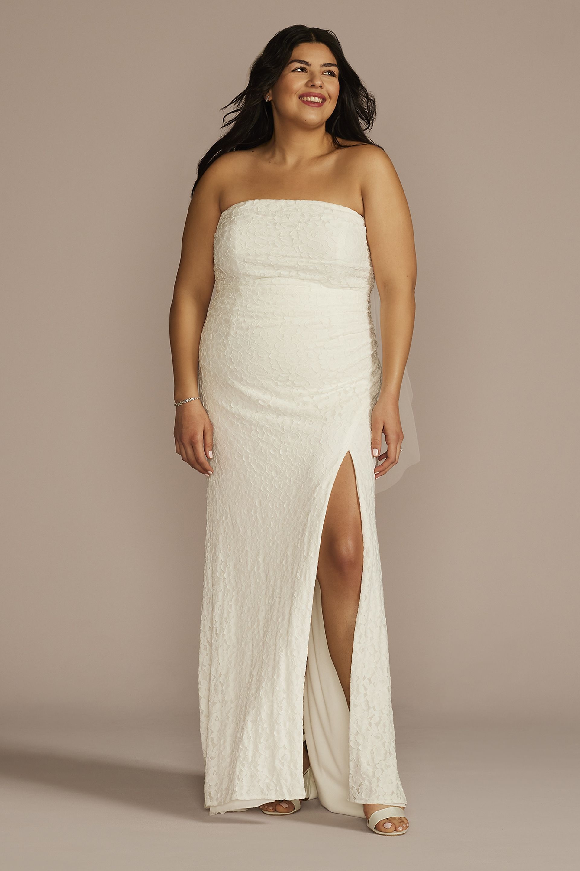 DB Studio Allover Lace Strapless Sheath Wedding Dress in Soft White Size: 24W David's Bridal