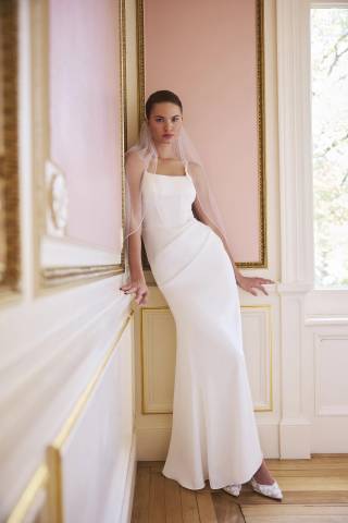 View DB Studio Matte Satin Tank Wedding Dress with Basque Waist in all available color and sizes Picture of Matte Satin Tank Wedding Dress with Basque Waist
