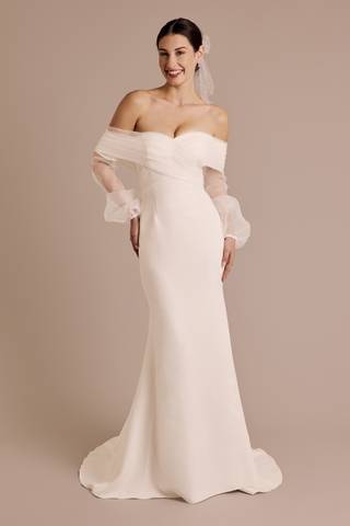 View DB Studio Stretch Crepe Billow Sleeve Sheath Wedding Dress in all available color and sizes Picture of Stretch Crepe Billow Sleeve Sheath Wedding Dress