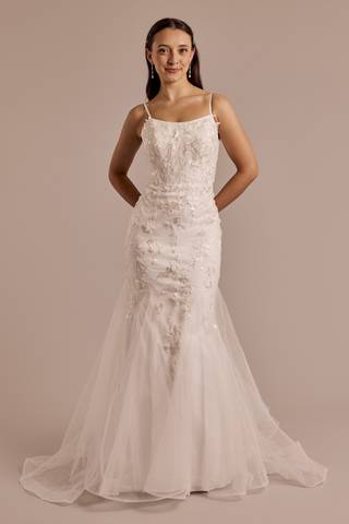 View DB Studio Lace Applique Mermaid Wedding Dress with Godets in all available color and sizes Picture of Lace Applique Mermaid Wedding Dress with Godets