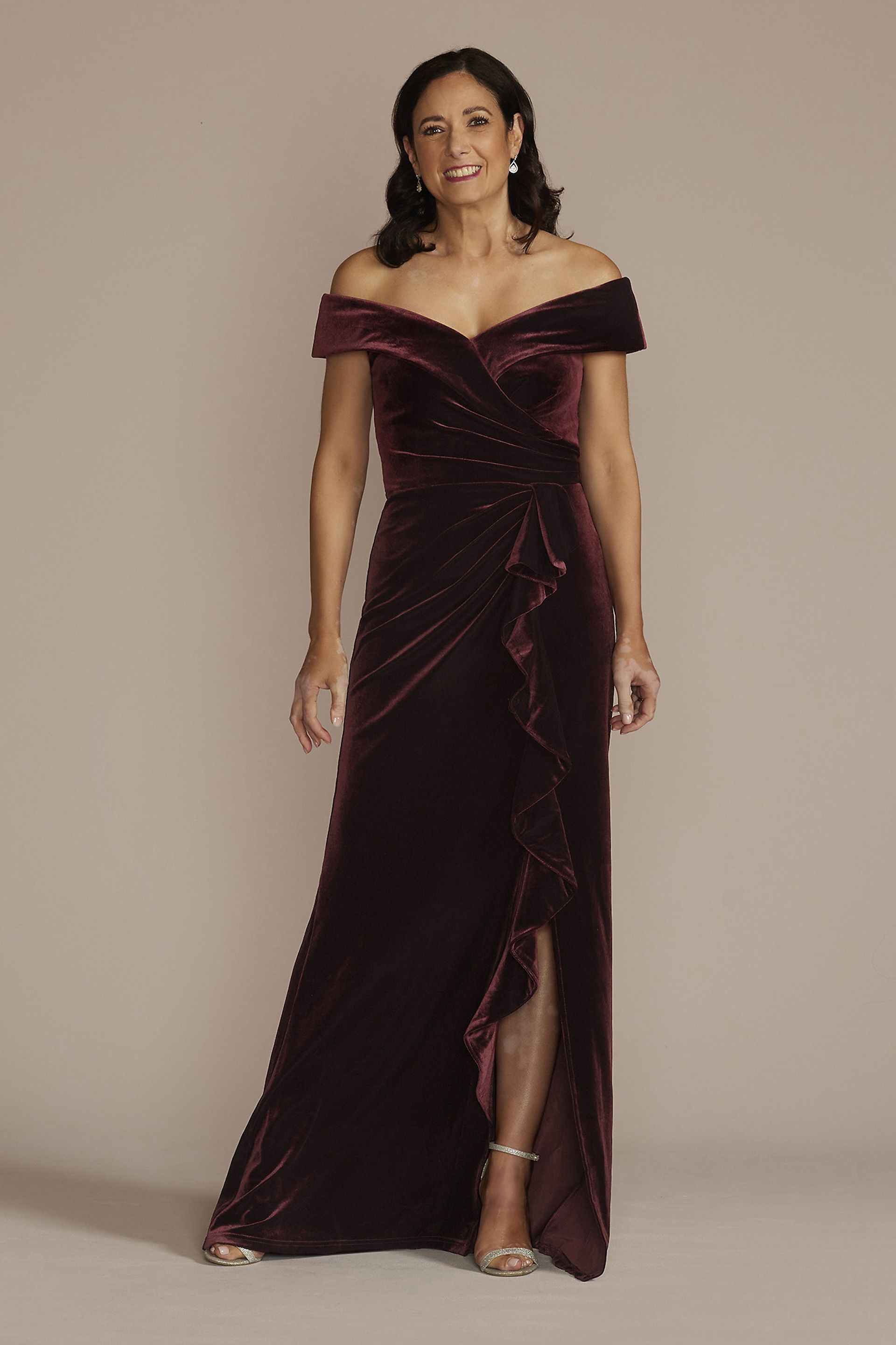 Picture of Velvet Off-the-Shoulder Sheath with Ruffle