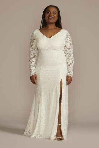 View DB Studio Long Sleeve Lace Scoop Back Sheath Wedding Dress in all available color and sizes Picture of Long Sleeve Lace Scoop Back Sheath Wedding Dress