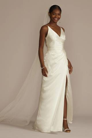 View DB Studio Draped Satin Spaghetti Strap Sheath Wedding Dress in all available color and sizes Picture of Draped Satin Spaghetti Strap Sheath Wedding Dress