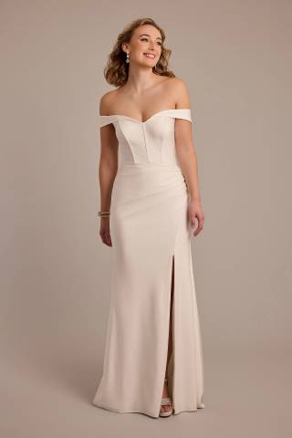 View DB Studio Off-the-Shoulder Sculpting Satin Wedding Dress in all available color and sizes Picture of Off-the-Shoulder Sculpting Satin Wedding Dress