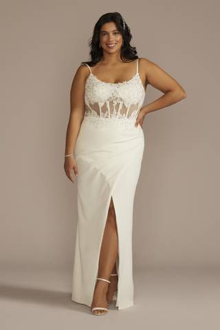 View DB Studio Illusion Corset Crepe Sheath Wedding Dress in all available color and sizes Picture of Illusion Corset Crepe Sheath Wedding Dress