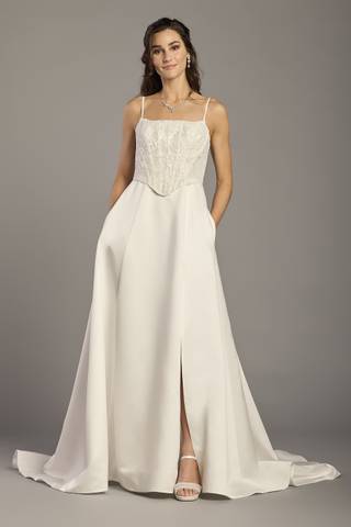 View DB Studio Beaded Corset Bodice Satin Wedding Dress in all available color and sizes Picture of Beaded Corset Bodice Satin Wedding Dress