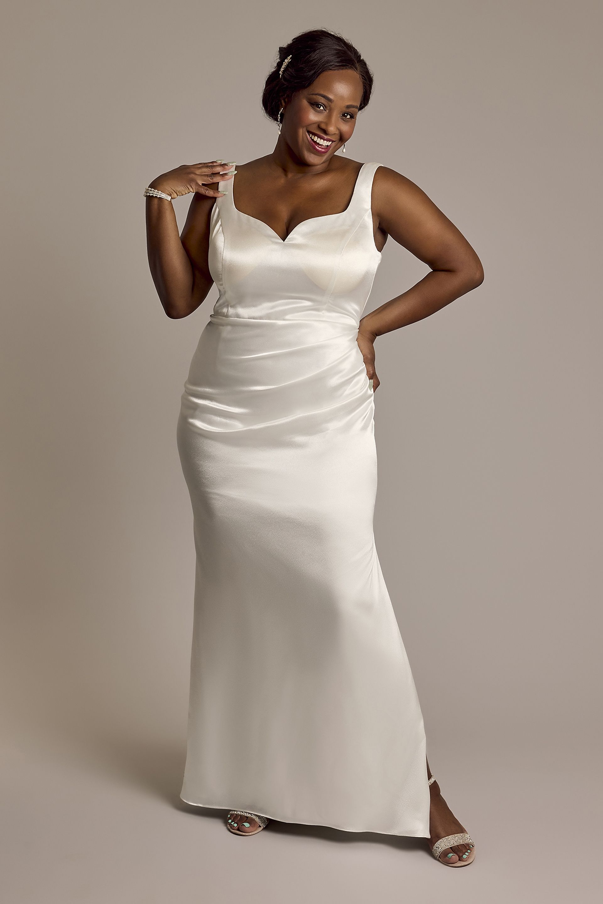 View DB Studio Luxe Charmeuse Tank Wedding Dress with Cowl Back in all available color and sizes Picture of Luxe Charmeuse Tank Wedding Dress with Cowl Back