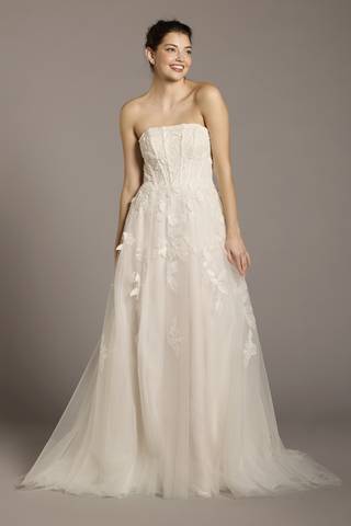 View Melissa Sweet Strapless Tulle Ball Gown with 3D Flower Appliques in all available color and sizes Picture of Strapless Tulle Ball Gown with 3D Flower Appliques
