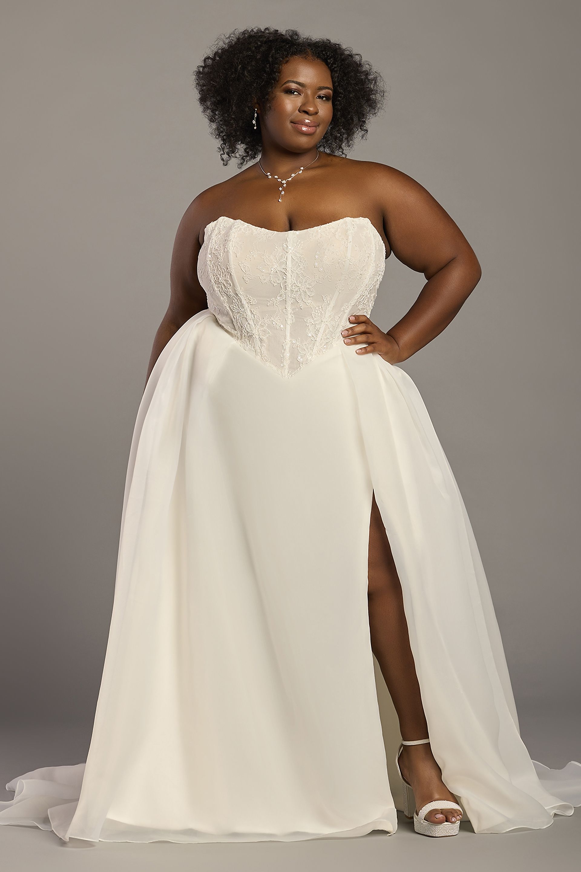 DB Studio Organza Basque Waist Wedding Gown With Beaded Lace in Soft White/Stone Size: 22W David's Bridal