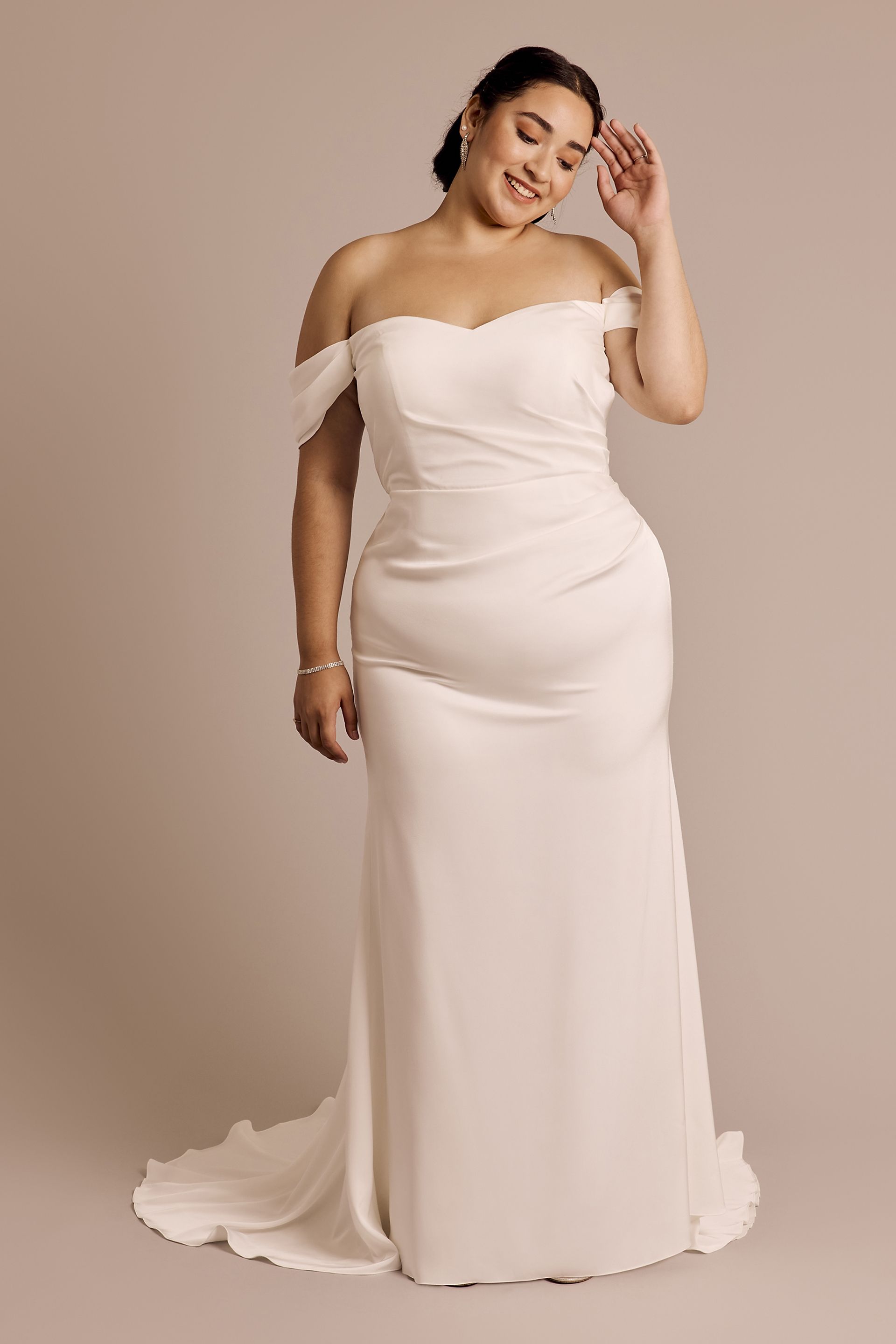 DB Studio Matte Satin Off-The-Shoulder Mermaid Wedding Dress in Soft White Size: 22W David's Bridal
