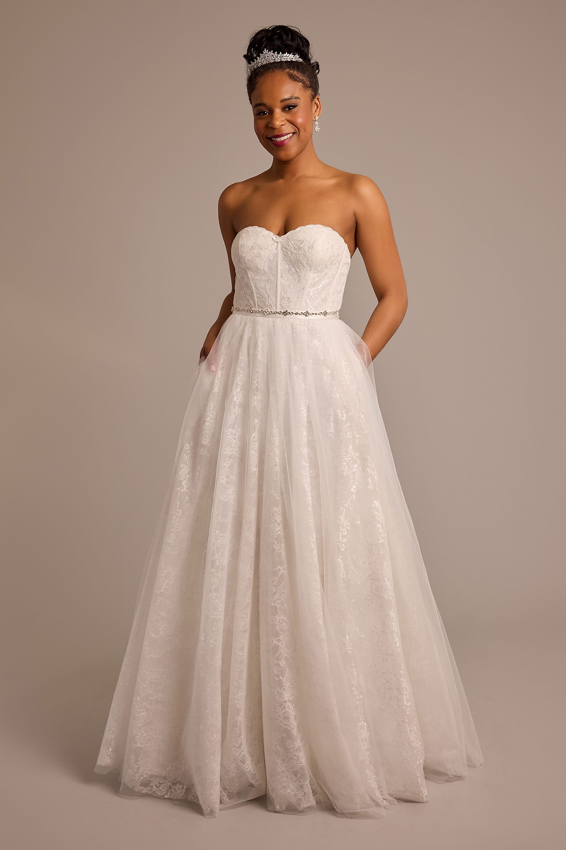 DB Studio Strapless Lace And Tulle Corset Wedding Dress in Soft White Size: 14 David's Bridal