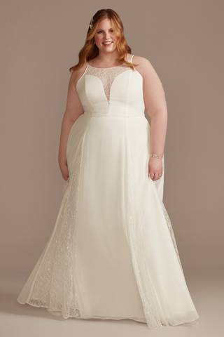 View DB Studio High Neck Illusion and Lace Godet Wedding Dress in all available color and sizes Picture of High Neck Illusion and Lace Godet Wedding Dress