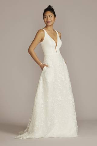 View DB Studio 3D Floral Crepe A-Line Wedding Dress with Pockets in all available color and sizes Picture of 3D Floral Crepe A-Line Wedding Dress with Pockets