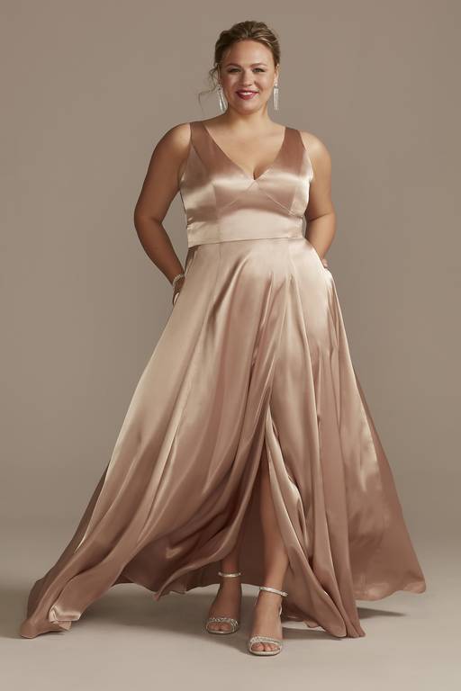 charmeuse tank v neck bridesmaid dress with slit A-line V Neck Sleeveless Charmeuse Long/Floor-Length Bridesmaid Dress With Split - Bridesmaid Dresses