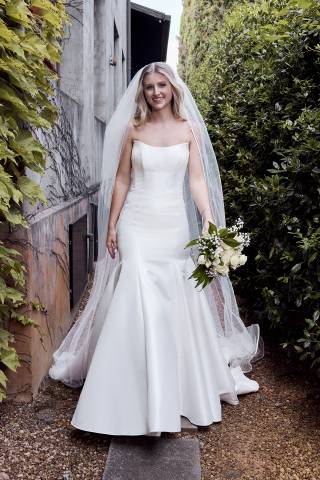 View DB Studio Strapless Mikado Mermaid Wedding Dress in all available color and sizes Picture of Strapless Mikado Mermaid Wedding Dress