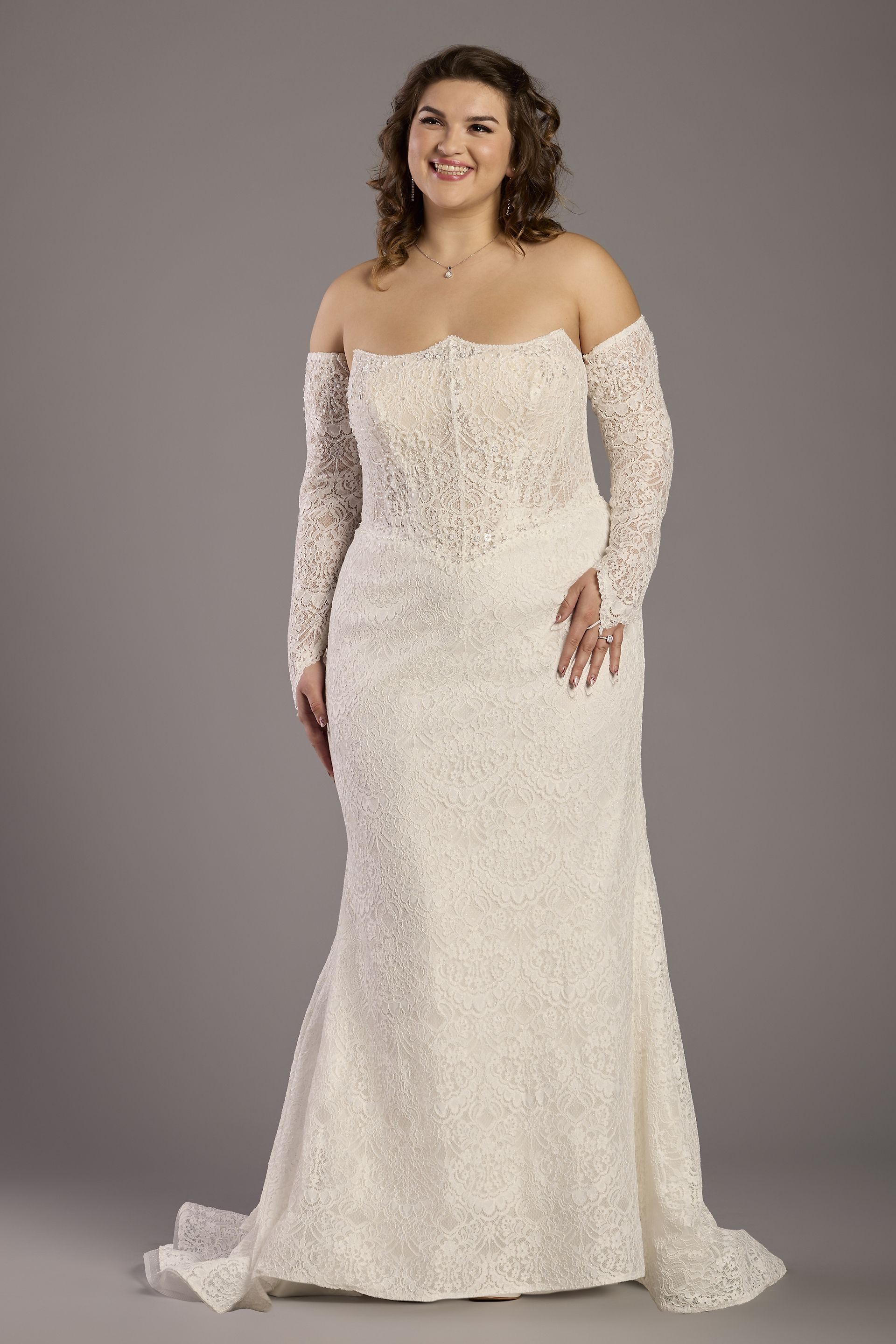 Galina Signature Lace Inverted Sweetheart Sheath Dress With Beaded Bodice in Ivory Size: 28W David's Bridal