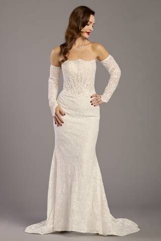 View Galina Signature Lace Inverted Sweetheart Sheath with Beaded Bodice in all available color and sizes Picture of Lace Inverted Sweetheart Sheath with Beaded Bodice
