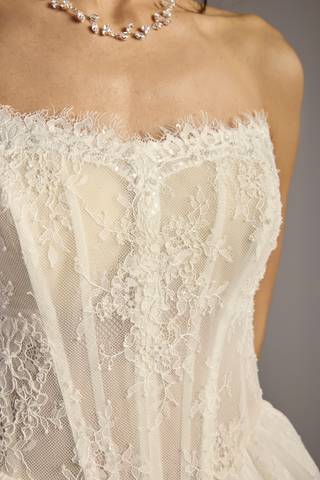 View Melissa Sweet Strapless Allover Lace Basque Waist Ball Gown in all available color and sizes Picture of Strapless Allover Lace Basque Waist Ball Gown