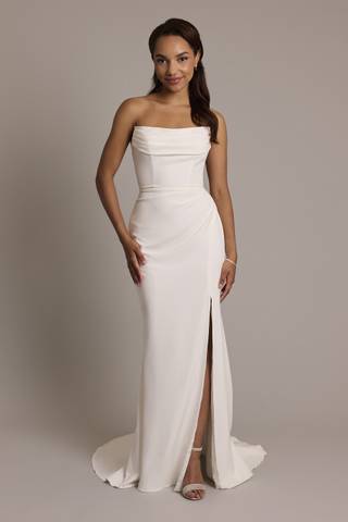 View DB Studio Stretch Crepe Sculpted Cowl Sheath Wedding Dress in all available color and sizes Picture of Stretch Crepe Sculpted Cowl Sheath Wedding Dress