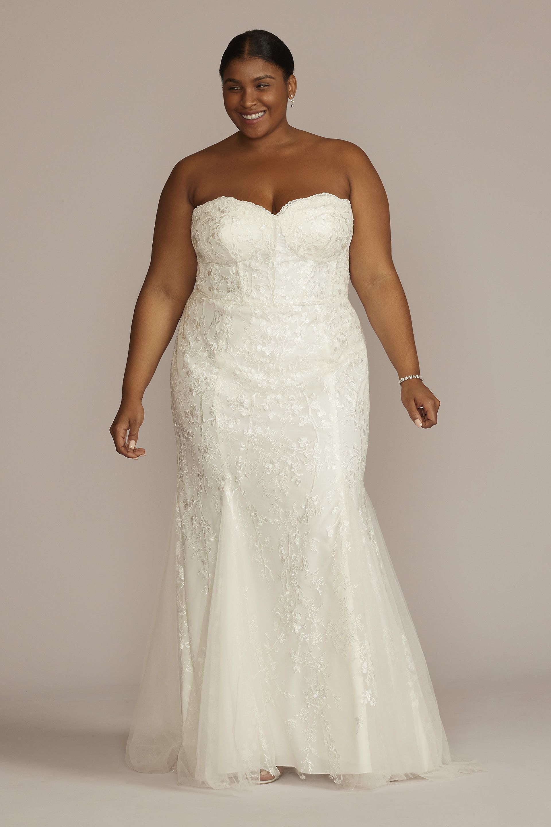 View DB Studio Floral Applique Mermaid Wedding Dress in all available color and sizes Picture of Floral Applique Mermaid Wedding Dress