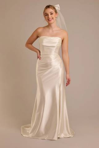 View DB Studio Strapless Sculpting Satin Mermaid Wedding Dress in all available color and sizes Picture of Strapless Sculpting Satin Mermaid Wedding Dress