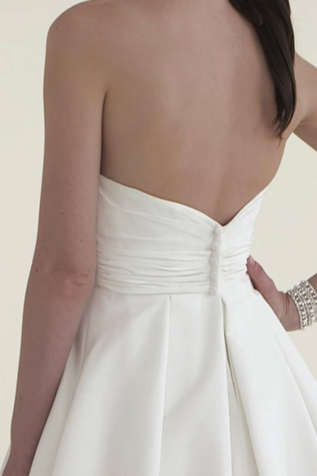 pleated strapless wedding dress with empire waist PLEATED STRAPLESS FITTED SATIN GOWN BY LADIVINE KV1118W OFF White / 4