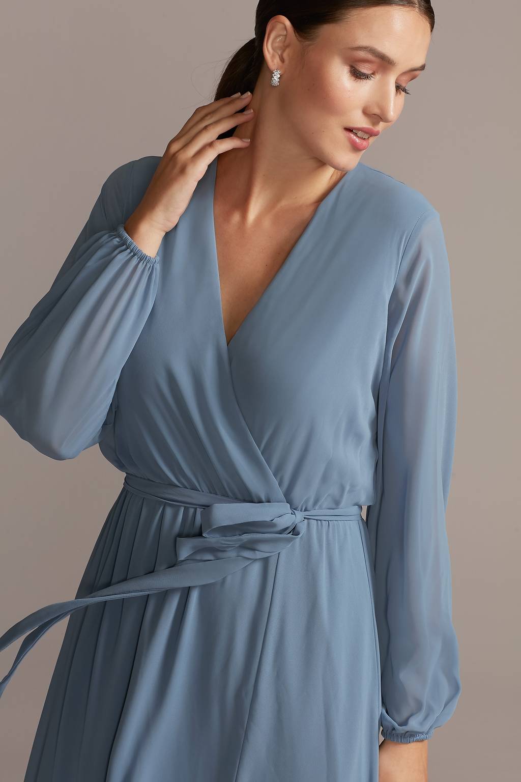 long sleeve chiffon faux wrap dress Long Sleeve Chiffon Faux-Wrap Dress