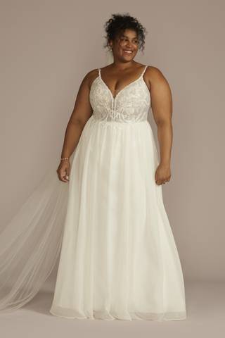 View DB Studio Lace Bodice Spaghetti Strap A-line Wedding Dress in all available color and sizes Picture of Lace Bodice Spaghetti Strap A-line Wedding Dress