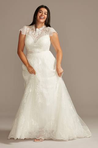 View Melissa Sweet Embroidered Illusion Mock Neck Wedding Dress in all available color and sizes Picture of Embroidered Illusion Mock Neck Wedding Dress
