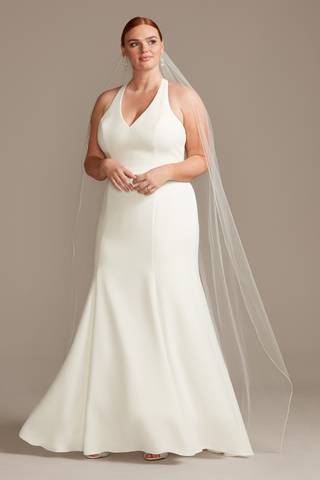 View David's Bridal Collection Sheer Back Crepe Wedding Dress with Lace Train in all available color and sizes Picture of Sheer Back Crepe Wedding Dress with Lace Train