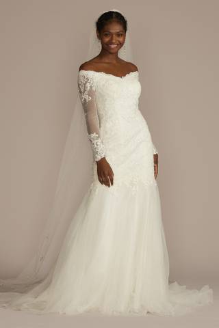 david's bridal off-the-shoulder wedding dress reviews DAVID'S BRIDAL COLLECTION off shoulder satin gown wedding dress