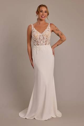 View Galina Signature Illusion Lace Bodice Crepe Tank Wedding Dress in all available color and sizes Picture of Illusion Lace Bodice Crepe Tank Wedding Dress