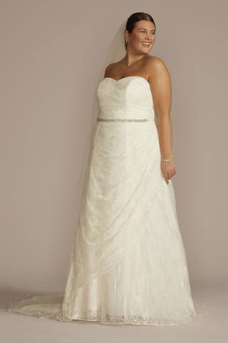 View David's Bridal Allover Lace A-Line Strapless Wedding Dress in all available color and sizes Picture of Allover Lace A-Line Strapless Wedding Dress