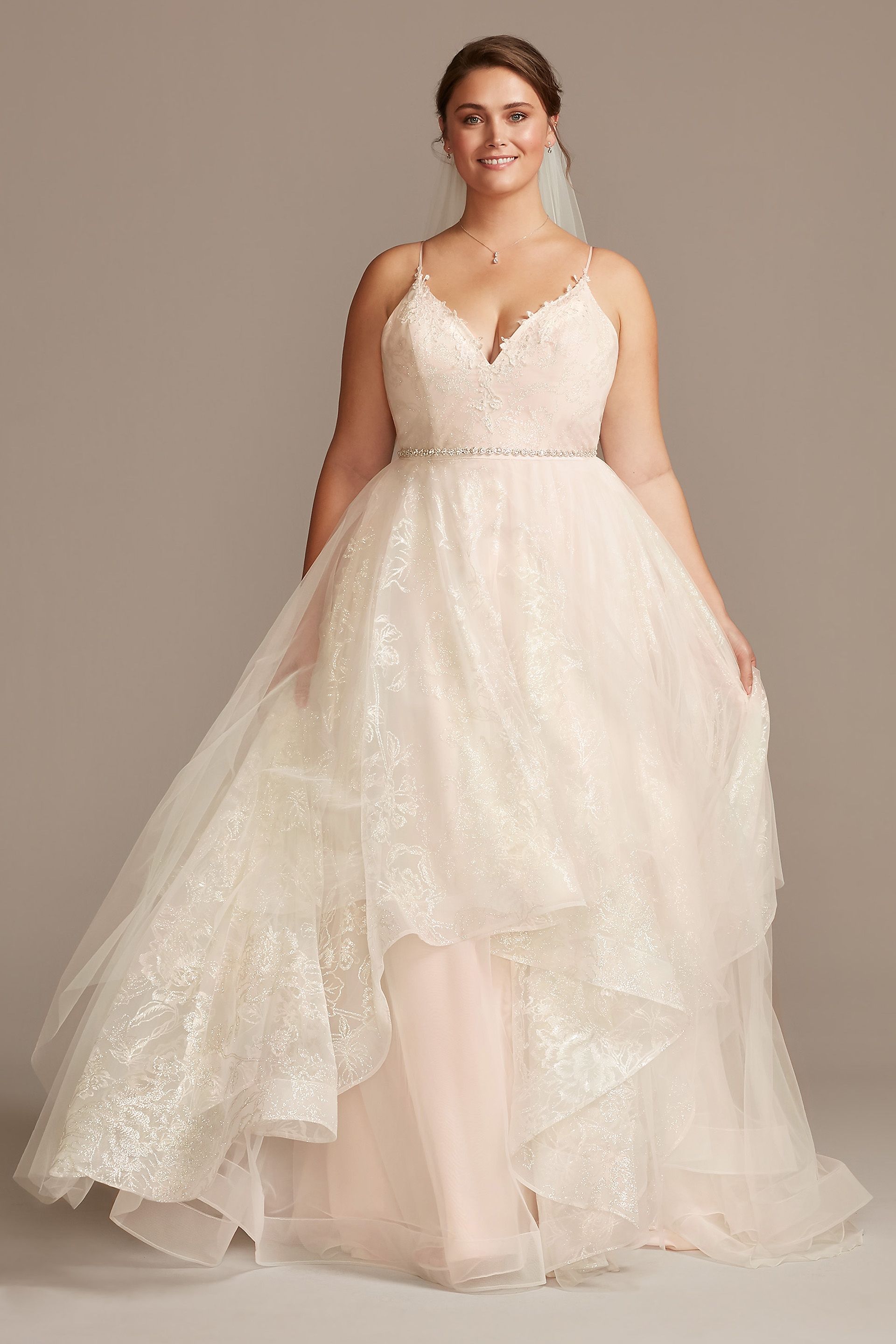 View David's Bridal Collection Glitter Floral and Tulle Layered Wedding Dress in all available color and sizes Picture of Glitter Floral and Tulle Layered Wedding Dress
