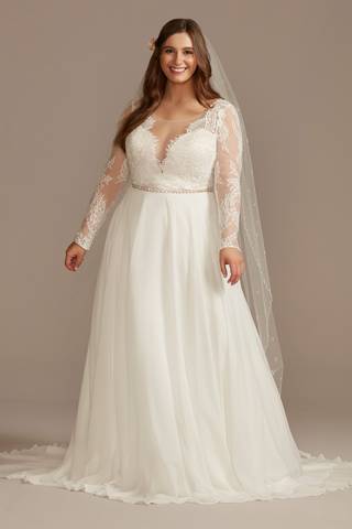 View DB Studio Long Sleeve Plunge Lace Chiffon Wedding Dress in all available color and sizes Picture of Long Sleeve Plunge Lace Chiffon Wedding Dress