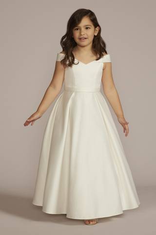 View DB Studio Satin Off-the-Shoulder Flower Girl Dress in all available color and sizes Picture of Satin Off-the-Shoulder Flower Girl Dress