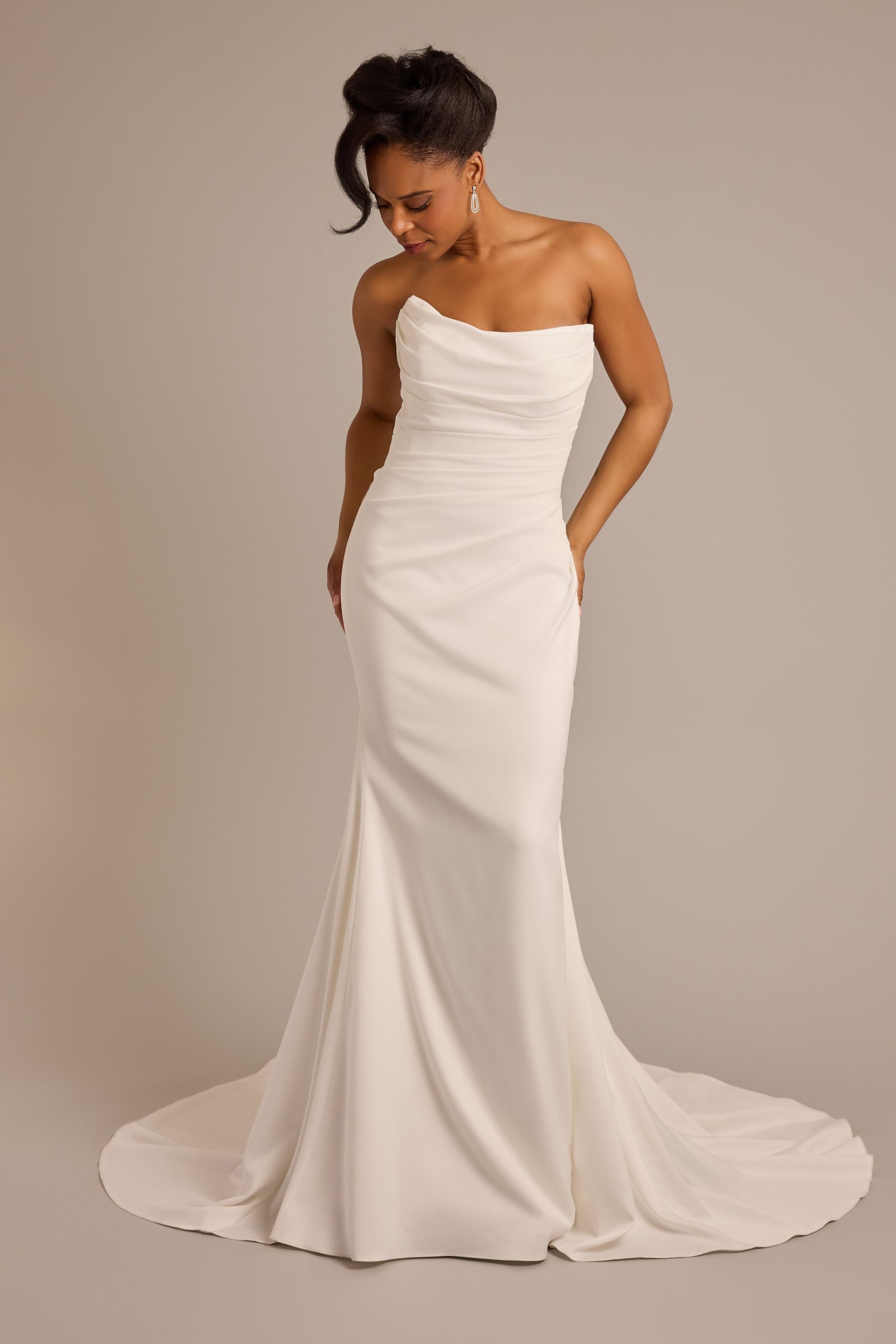 Galina Signature Strapless Draped Satin Mermaid Wedding Dress in Diamond White Size: 10P David's Bridal