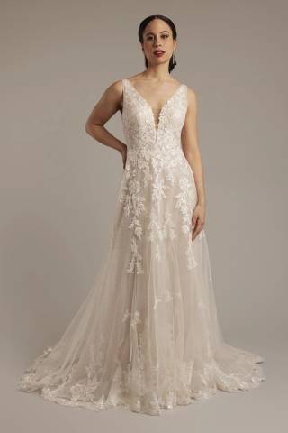 View Galina Signature Tulle Plunging Tank A-Line Wedding Dress in all available color and sizes Picture of Tulle Plunging Tank A-Line Wedding Dress