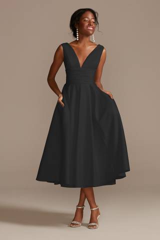 Picture of Satin V-Neck Tea Length A-Line Dress