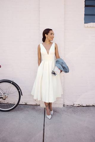 Picture of Satin V-Neck Tea Length A-Line Dress