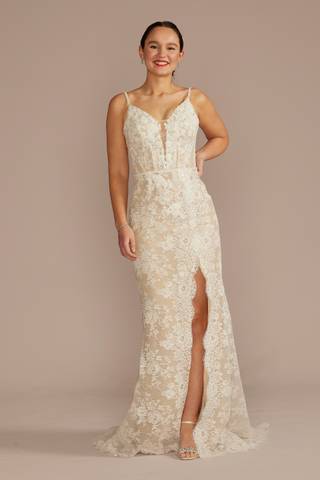 View Galina Signature Corset Bodice Beaded Lace Sheath Wedding Dress in all available color and sizes Picture of Corset Bodice Beaded Lace Sheath Wedding Dress