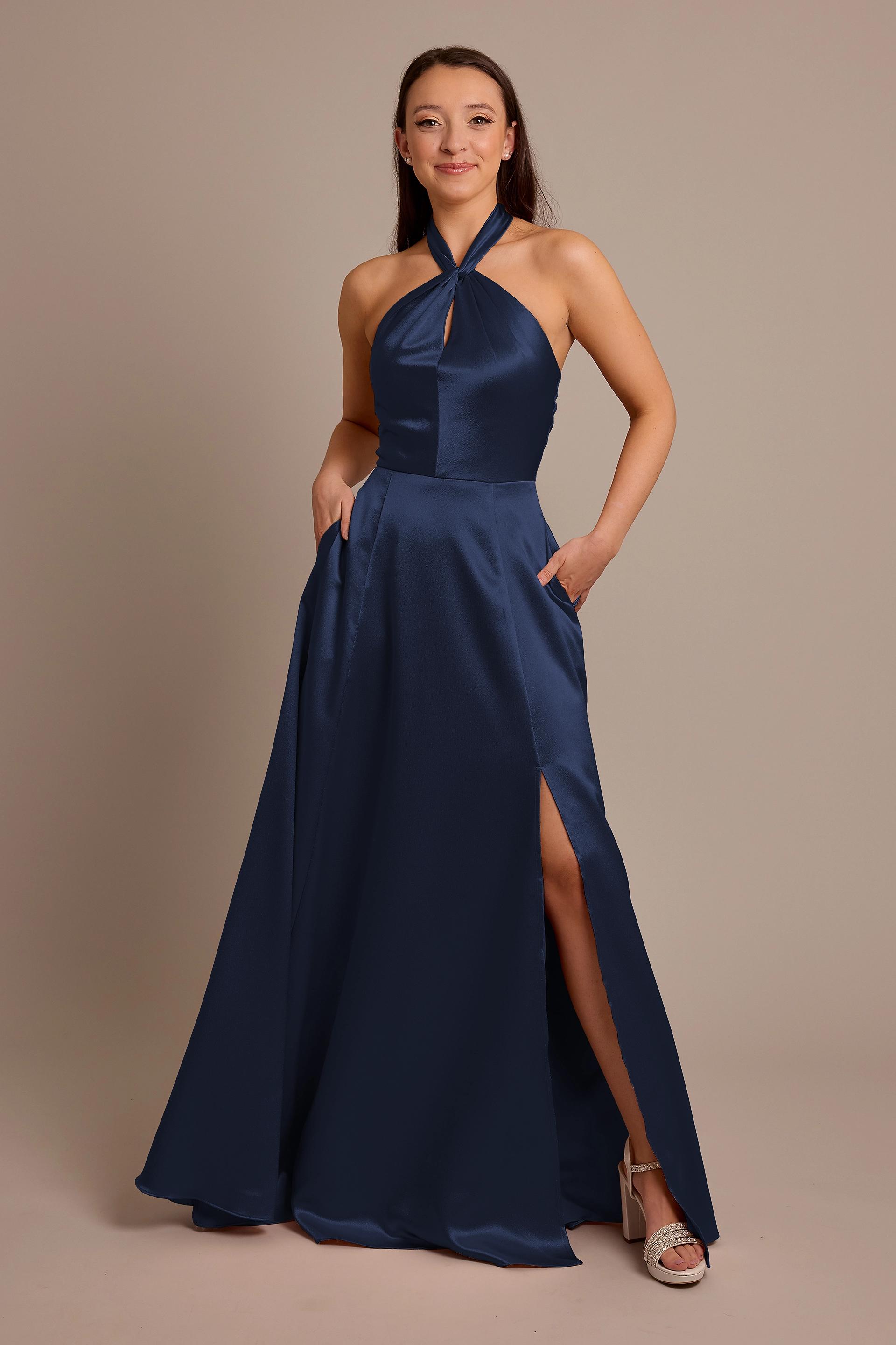 Celebrate DB Studio Luxe Charmeuse Halter Dress in Marine Size: 24 David's Bridal